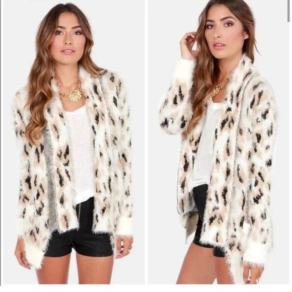 MINKPINK Cream and Black Fuzzy Cardigan - Picture 1 of 5